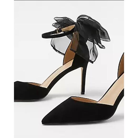 Ann Taylor Sz 9.5 Black Organza Bow Suede Pointed Toe Stiletto Heel Pumps - Picture 2 of 6